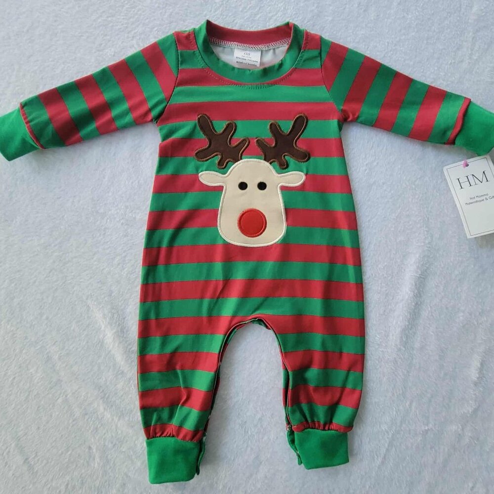 Baby Red & Green Striped Embroidered Reindeer Long Sleeve Romper  0-3M